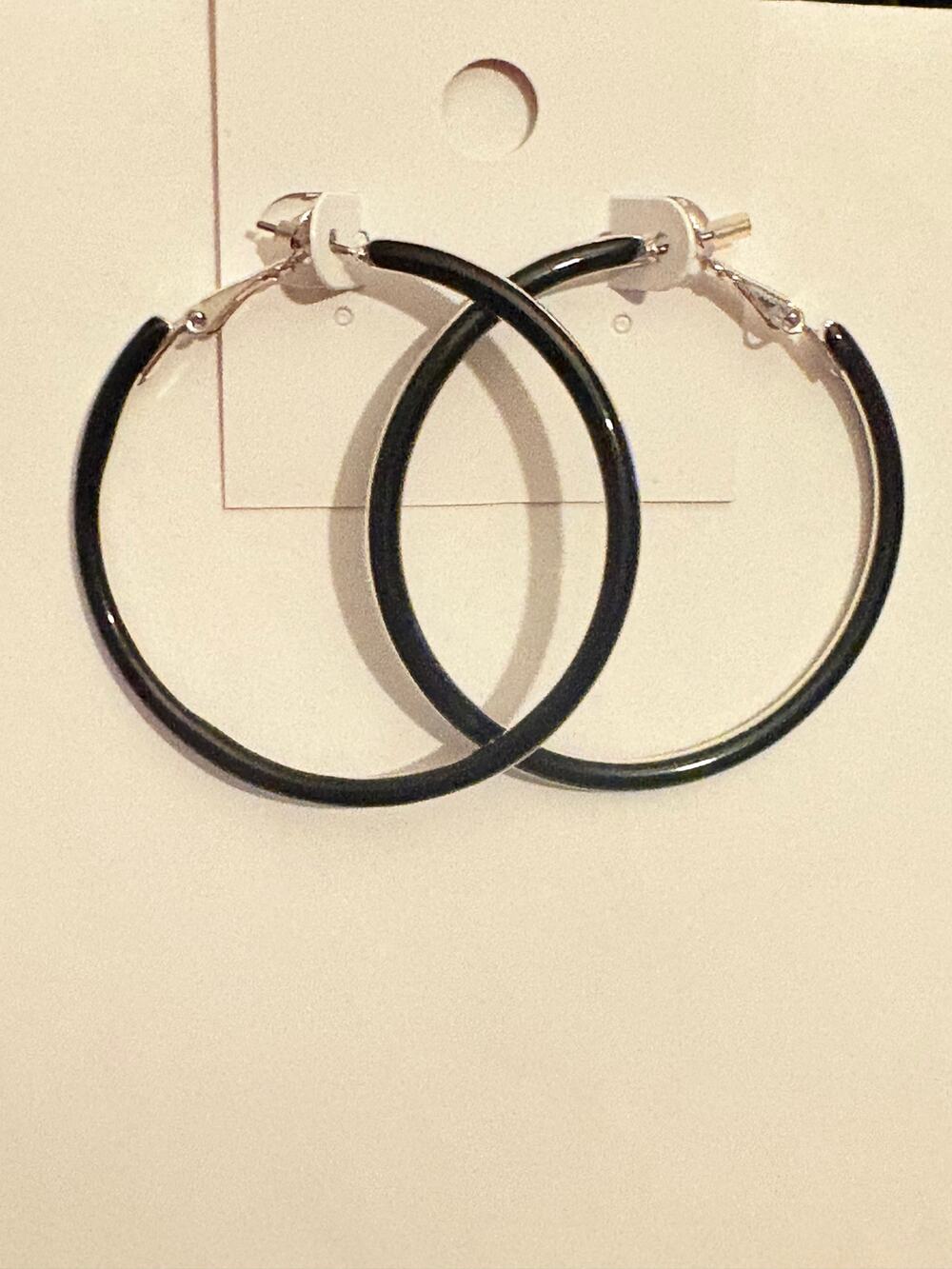 Vintage Black Enamel Silver Tone Hoop Earrings